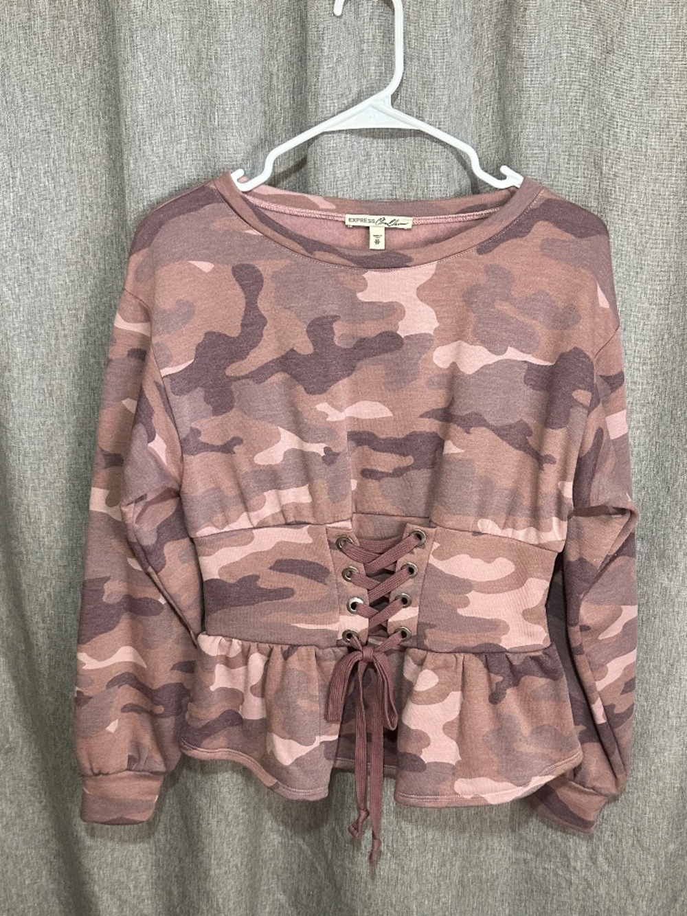 Express Pink Camo Print Corset Lace-Up Peplum Sweatshirt - XS